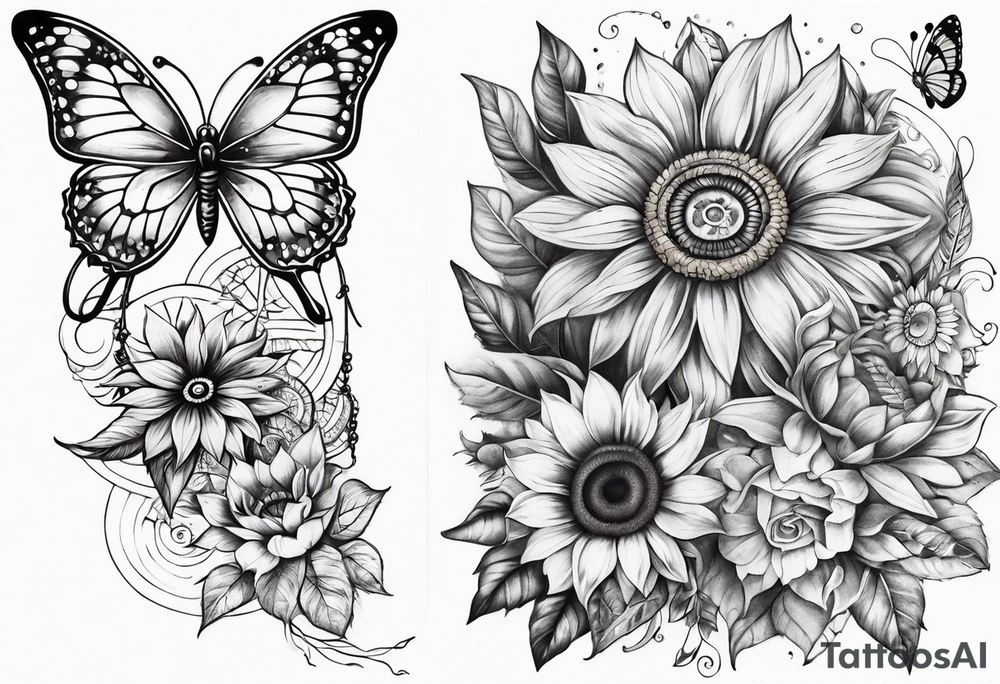 Quarter Leg sleeve with dreamcatcher, rainbow sunflowers and one butterfly tattoo idea
