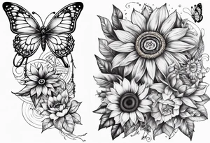 Quarter Leg sleeve with dreamcatcher, rainbow sunflowers and one butterfly tattoo idea