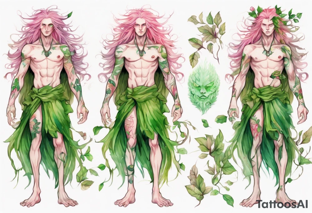 a slender and beautiful male dryad with green skin and long pink hair and roots instead of feet tattoo idea