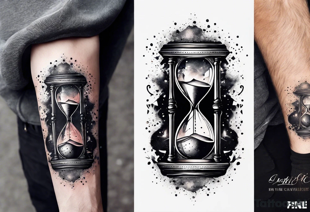 Hourglass, cosmic dust exploding from the top and bottom of the hourglass. Long tattoo to fit on the forearm, masculine tattoo idea