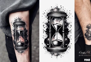 Hourglass, cosmic dust exploding from the top and bottom of the hourglass. Long tattoo to fit on the forearm, masculine tattoo idea