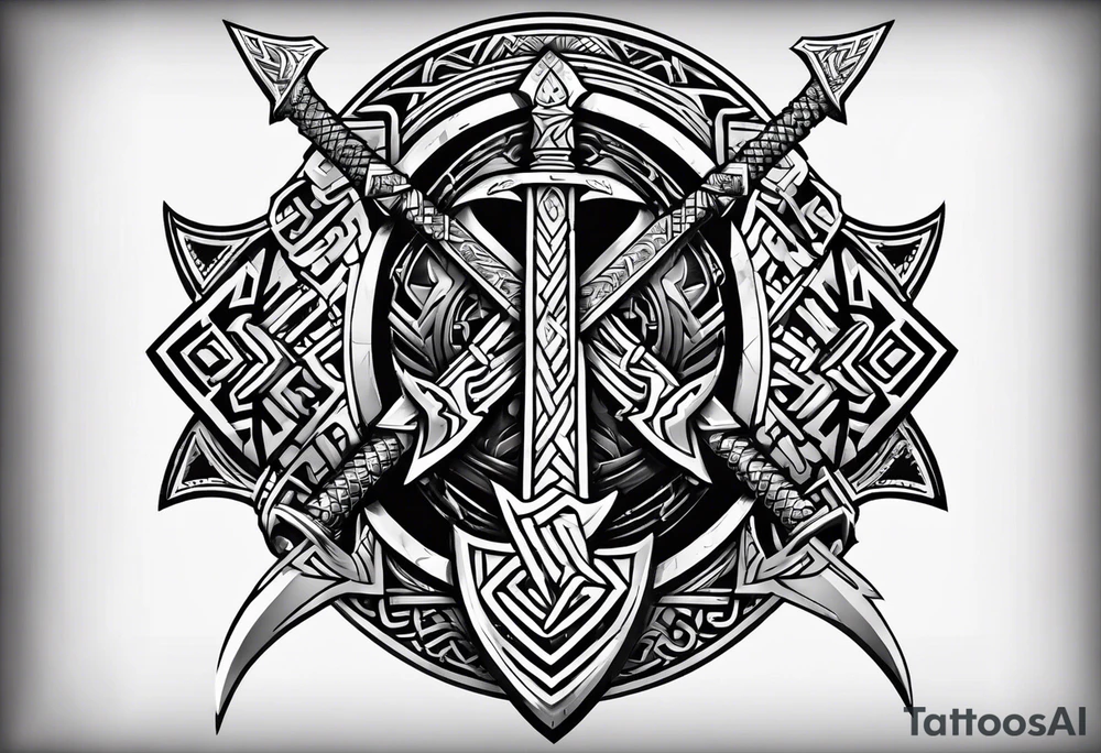 Valhalla sword shield axe Valknut  tribal tattoo idea