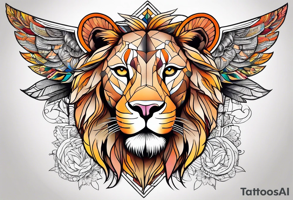 Lioness with wings compass tattoo idea