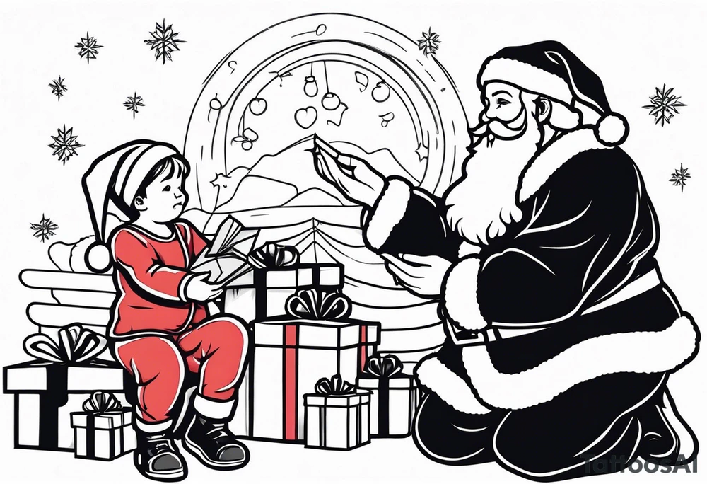 Santa giving gifts to kids tattoo idea