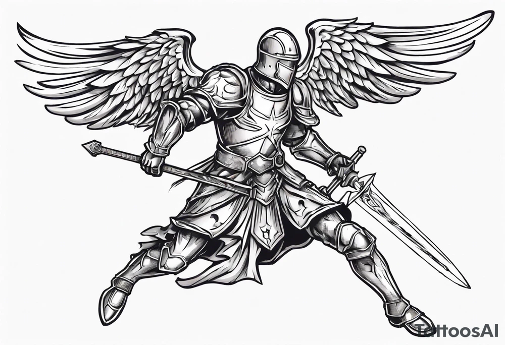 An angel Knight in mid-air with his sword about to attack in isometric view tattoo idea