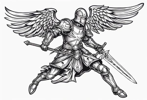 An angel Knight in mid-air with his sword about to attack in isometric view tattoo idea