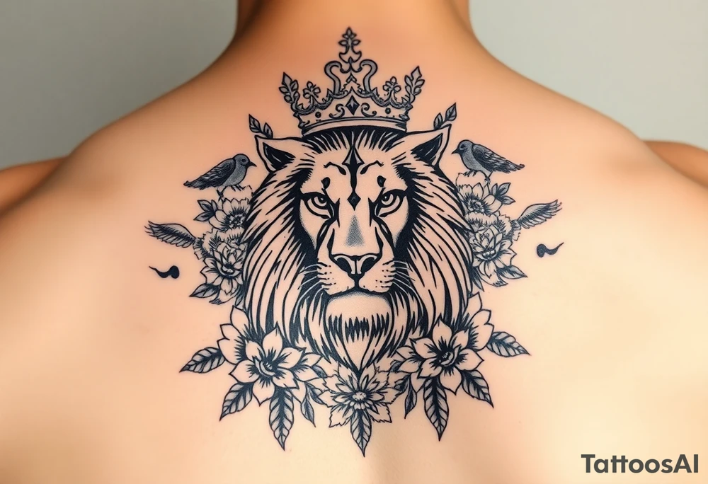 powerful majestic lion with a crown, surrounded by floral ornaments and birds tattoo idea