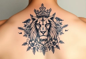 powerful majestic lion with a crown, surrounded by floral ornaments and birds tattoo idea