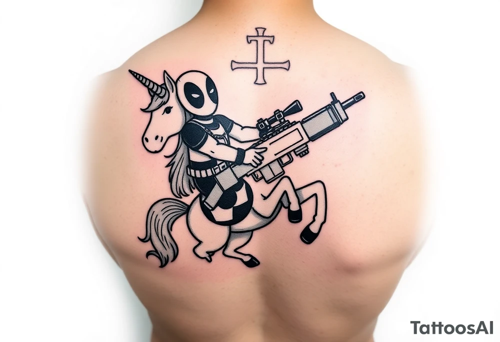 Deadpool riding unicorn holding Russian era RPG tattoo idea