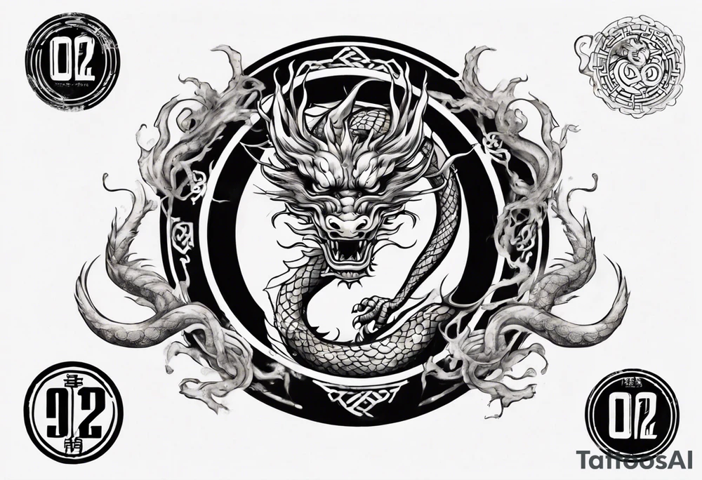 Chinese dragon in a circular shape with "02.03" written on its skin tattoo idea