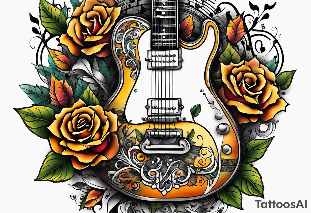 thigh tattoo with fall colors, music notation, flowers, roses and a guitar tattoo idea
