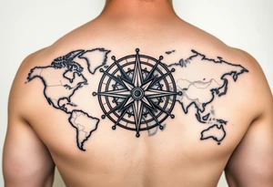 antique compass rose overlaid on weathered world map with sailing ships tattoo idea