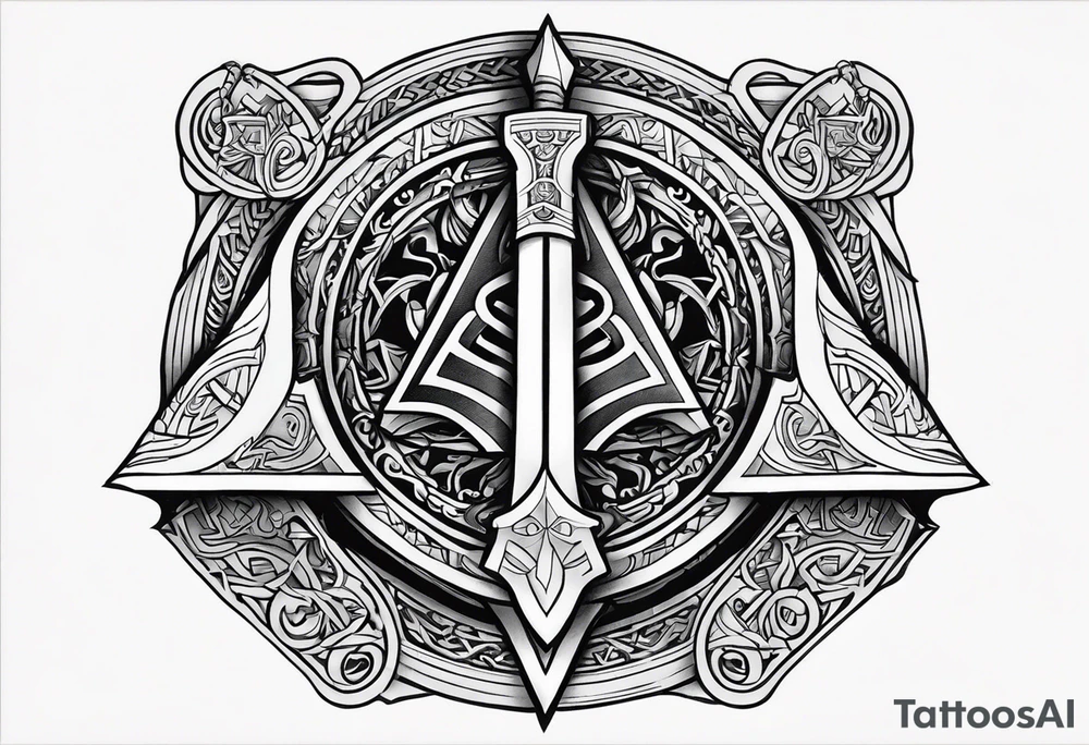 Valhalla sword shield dragon axe Valknut tattoo idea