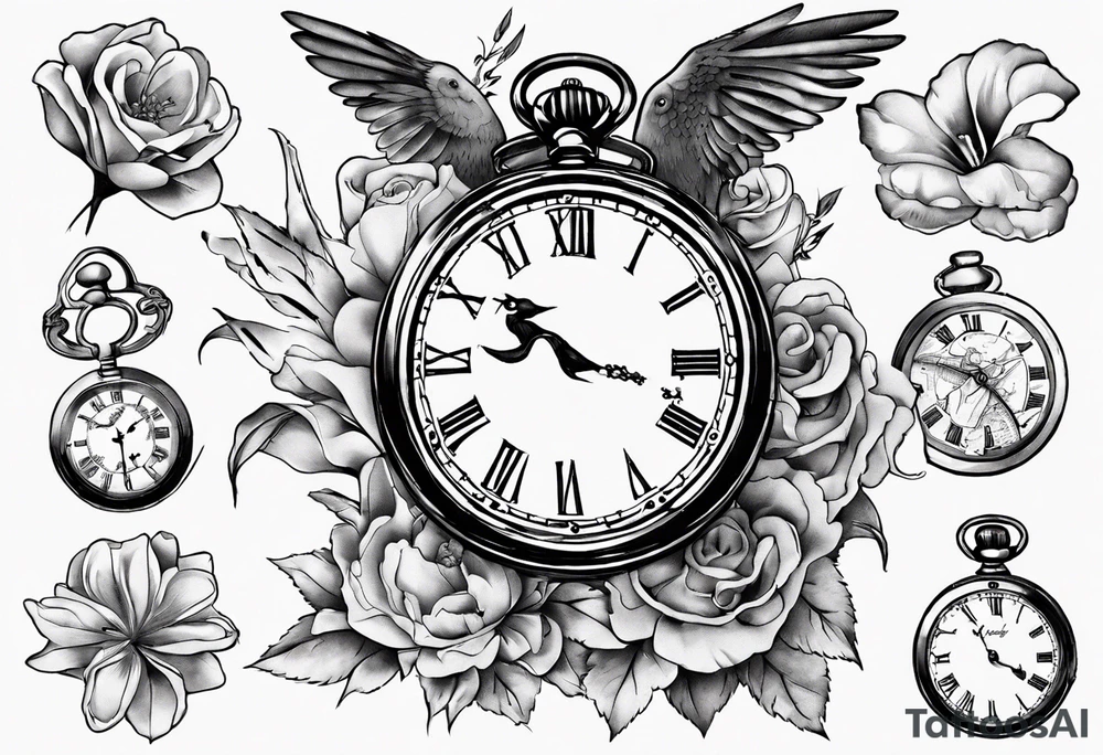 pocket watch, map , flower , bird tattoo idea