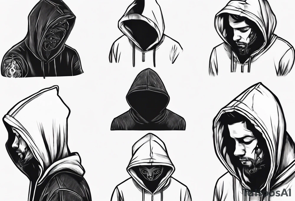A human in a hoodie, looking down. tattoo idea