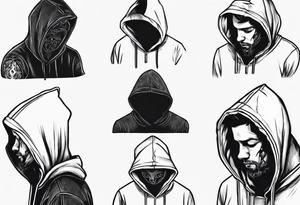 A human in a hoodie, looking down. tattoo idea