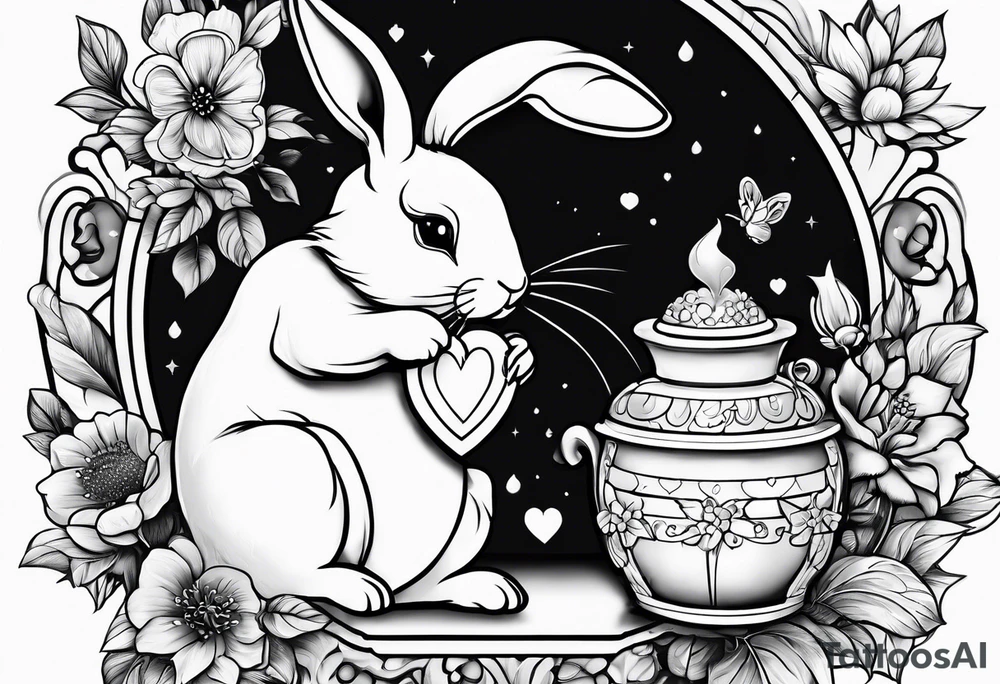 Side view outline of bunny with heart and honey pot tattoo idea