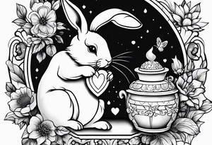 Side view outline of bunny with heart and honey pot tattoo idea