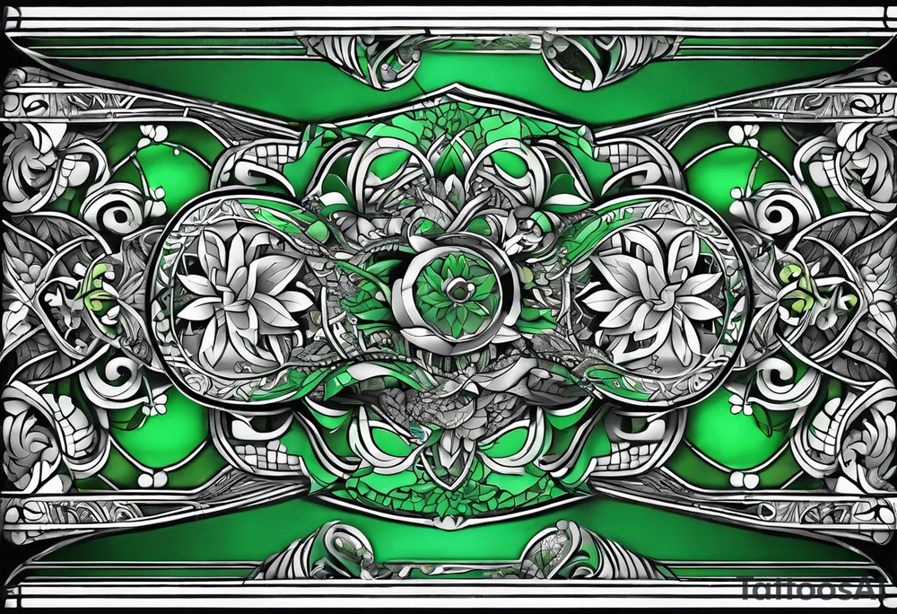abstract, green and black, covered from wrist to forearm, fully covered, no borders, blackwork tattoo idea