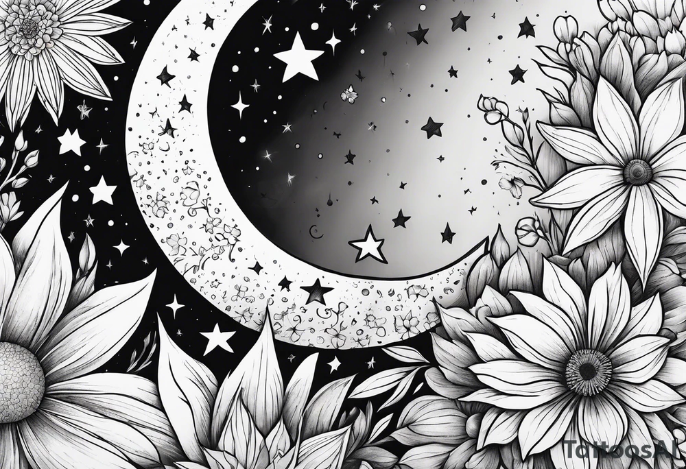 Moon stars flowers tattoo idea