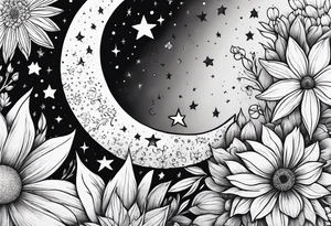 Moon stars flowers tattoo idea