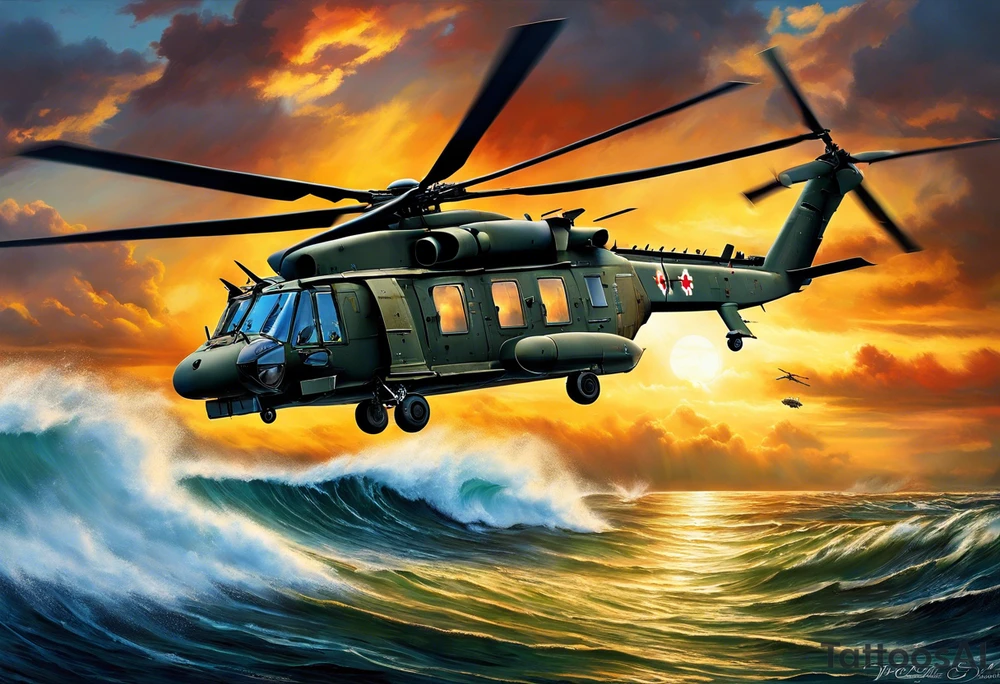 A cinematic-style tattoo depicting a Canadian military CH-148 Cyclone helicopter performing a daring maneuver over a turbulent ocean. The sky should be filled with dramatic clouds, and the sun should be setting, casting long shadows. The helicopter should be the main focus, with intricate details and a sense of motion. In the background, a poppy should be prominently displayed, and a quote from 'Lest We Forget' should be included, black and white tattoo tattoo idea