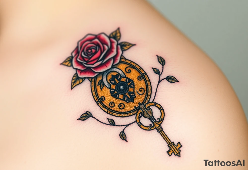 A rose-covered golden lock with a floral-shaped key lying nearby, with vines wrapping gently around them tattoo idea