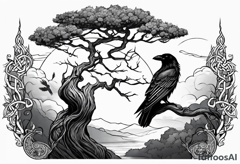 world tree with a cat and a raven and knotwork arm tattoo tattoo idea