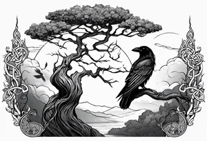 world tree with a cat and a raven and knotwork arm tattoo tattoo idea