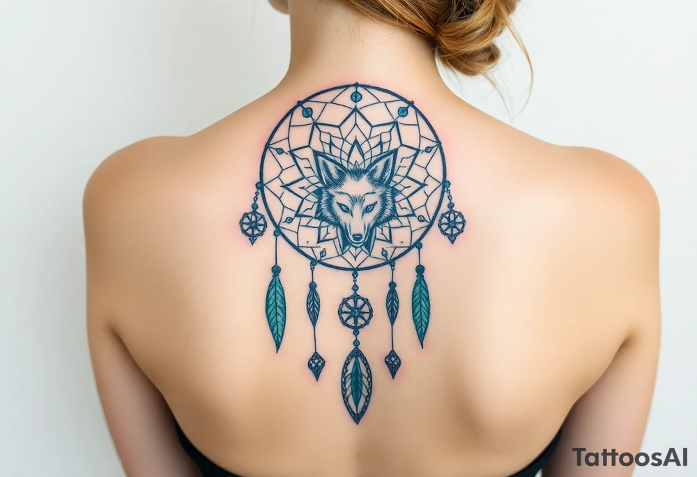 Dreamcatcher with zodiac symbols and protection runes caught in it with wolf teal tattoo idea