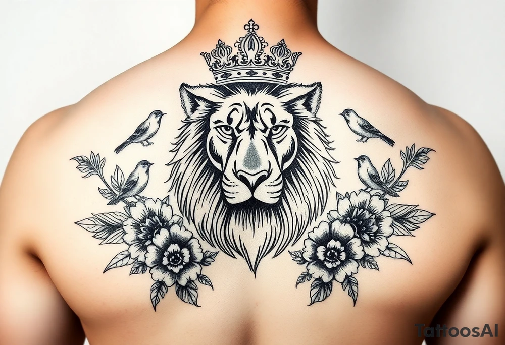powerful majestic lion with a crown, surrounded by floral ornaments and birds tattoo idea
