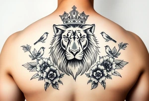 powerful majestic lion with a crown, surrounded by floral ornaments and birds tattoo idea