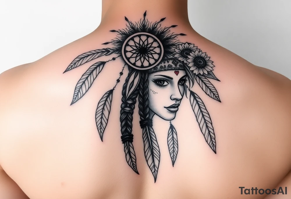 Native american medusa with black eyes, dream catcher on her forehead, and feathers and sunflowers in her hair tattoo idea
