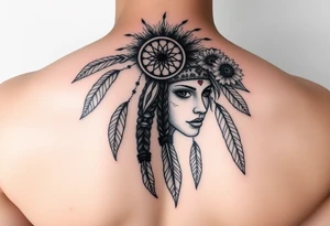 Native american medusa with black eyes, dream catcher on her forehead, and feathers and sunflowers in her hair tattoo idea