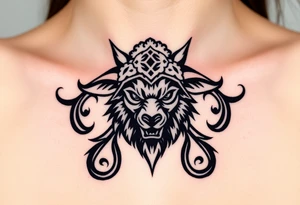 Big bad wolf nursery rhyme wearing a sheep costume with sheep head hood to kill and eat the three little pigs and little red riding hood tattoo idea