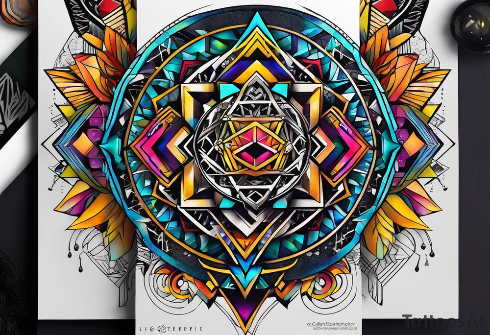 A tattoo design featuring geometric patterns and symbols inspired by psytrance and techno music, creating a unique and futuristic look. tattoo idea
