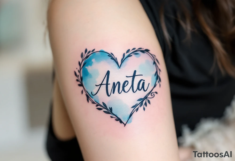 A watercolor-style heart in pastel blue with Aneta written in elegant lettering. tattoo idea