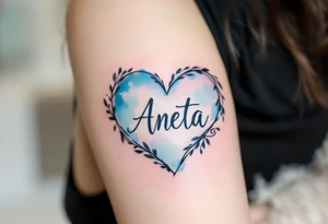 A watercolor-style heart in pastel blue with Aneta written in elegant lettering. tattoo idea