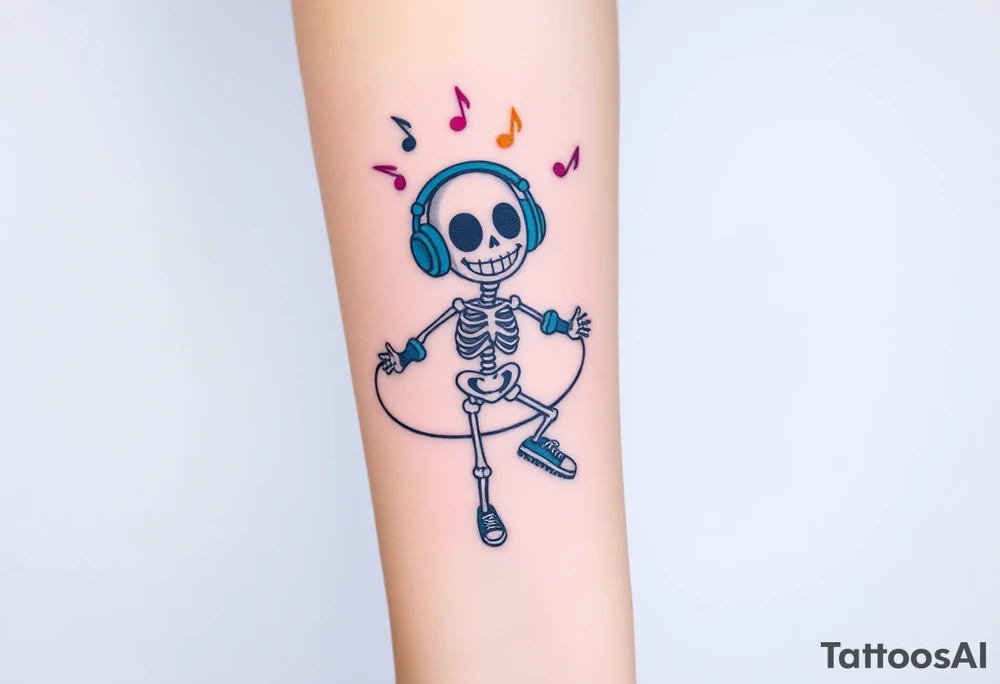 Funny smiley skeleton jumping on a jump rope with blue headphones and blue armbands and blue sneakers with colorful music notes around his head tattoo idea