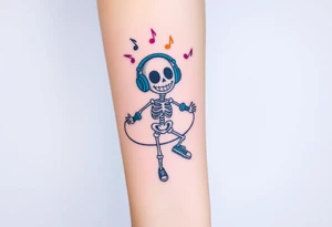 Funny smiley skeleton jumping on a jump rope with blue headphones and blue armbands and blue sneakers with colorful music notes around his head tattoo idea