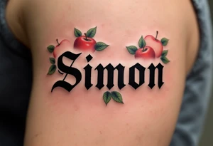 Simon in a bold, classic font, framed by vibrant red apples and green leaves. tattoo idea