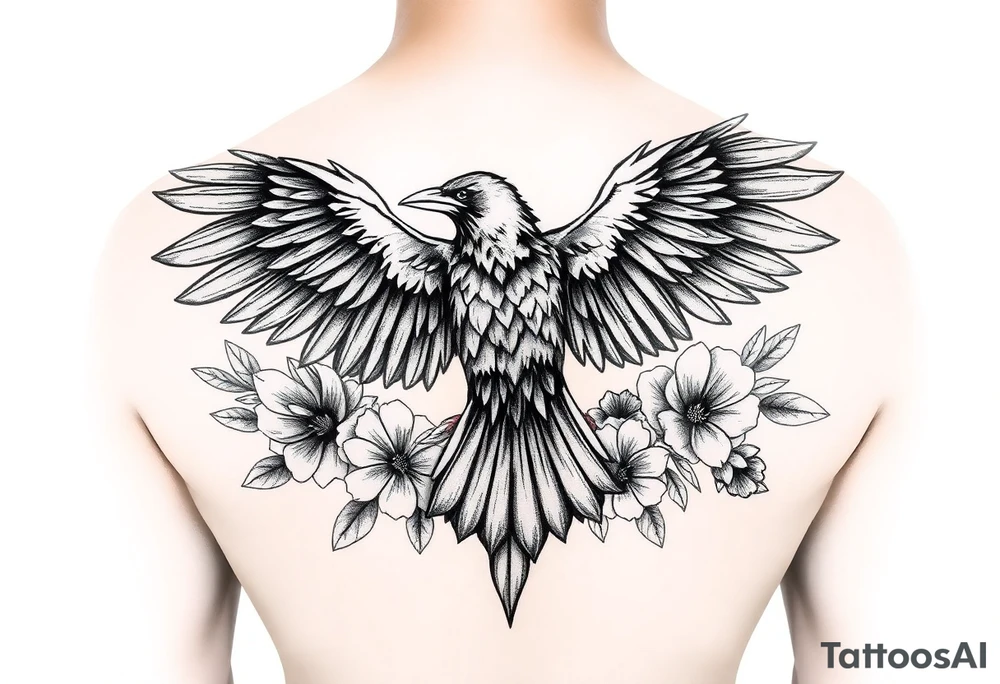 A raven with outstretched wings, surrounded by flowers and crystals tattoo idea