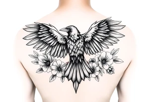 A raven with outstretched wings, surrounded by flowers and crystals tattoo idea
