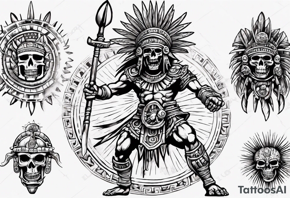 aztec death god warrior fighting as the sun in going in the air tattoo idea