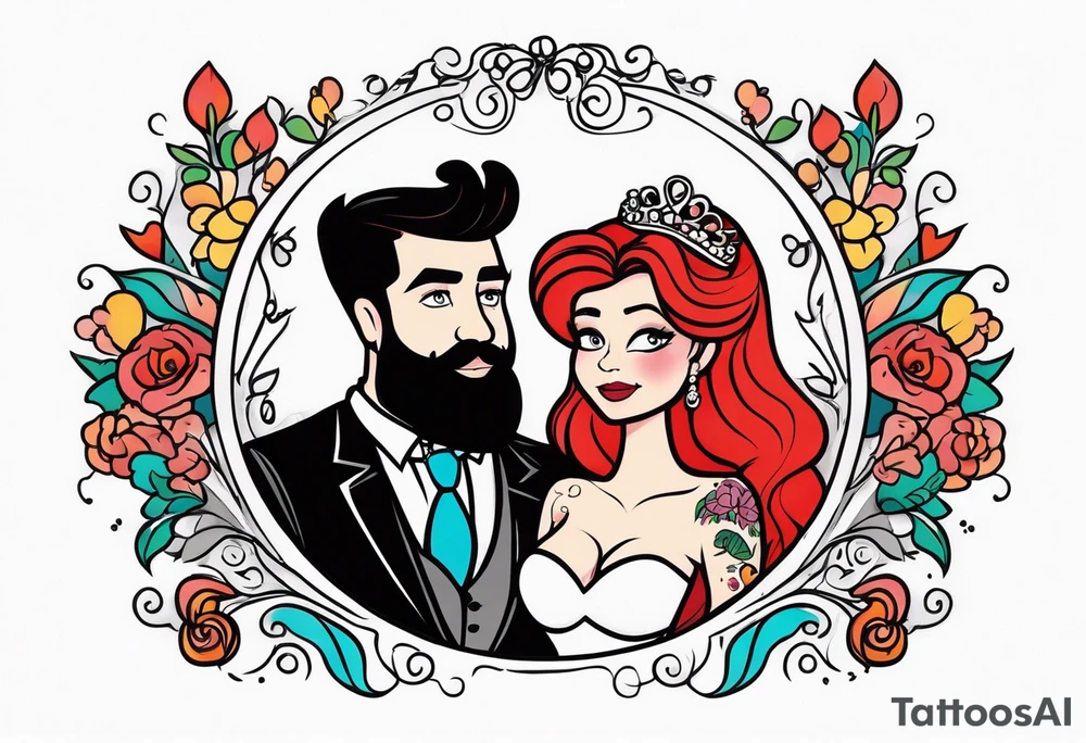 Busty red haired woman with a bearded man with black hair getting married tattoo idea