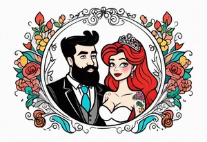 Busty red haired woman with a bearded man with black hair getting married tattoo idea