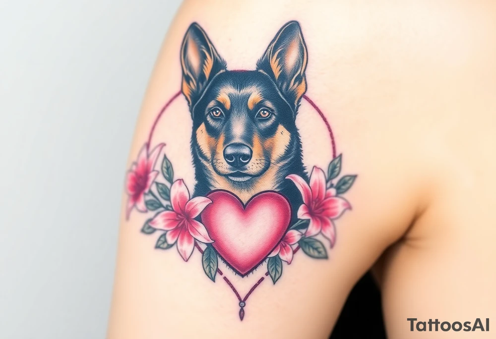 realistic german shepherd with alert ears looking protective surrounded by pink lilies with leaves in front of a sacred heart tattoo idea