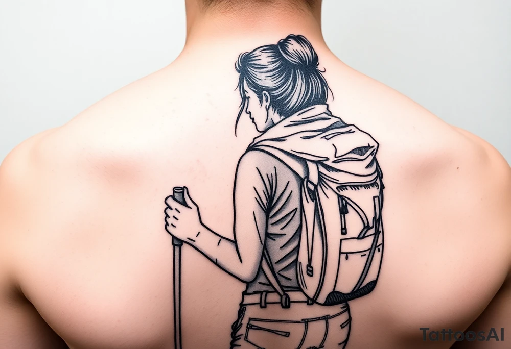 one fine line tattoo with a woman holding hiking poles and hiking (from behind) tattoo idea