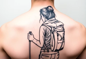 one fine line tattoo with a woman holding hiking poles and hiking (from behind) tattoo idea