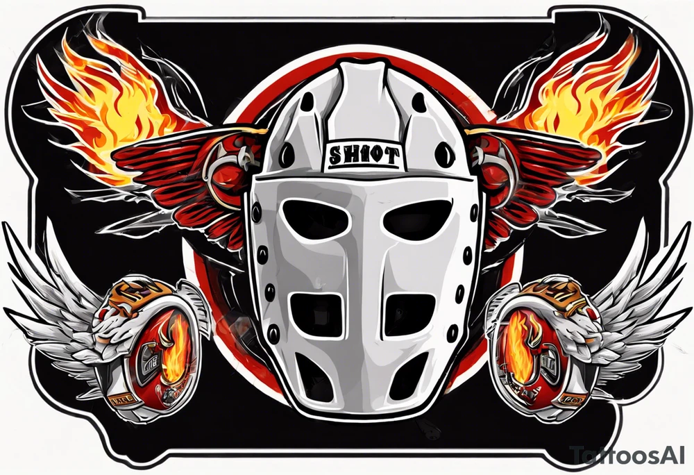 hockey puck with flaming wings and a goalie mask that says "SHOT HOCKEY" tattoo idea